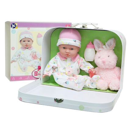 JC Toys - La Baby Coffret de Voyage | Poupée Bébé de 28 cm au corps souple et d'apparence caucasienne | Lavable | Jolie tenue, biberon, tétine et lapin en peluche | Pour enfants de 12 mois et plus, Rose