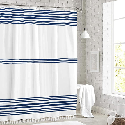 Seasonwood Blue Shower Curtain with Tassel for Bathroom Decor,Blue Striped Shower Curtain,Chic Polyester Bath Curtain 72 x 72