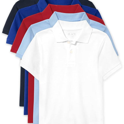 The Children's Place Boys' Multipack Short Sleeve Pique Polos, Nautico/Blue/Classic Red/Brook/White 5-Pack, Small