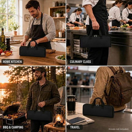 Chef's Knife Case(4 slots), Heavy Duty Waxed Canvas Knife Bag Holds 4 Knives with Handles, Portable Knife Holder for Men&Women, Perfect for Travelling, Working, Barbequing, Camping GJB440 18" x 11" Black