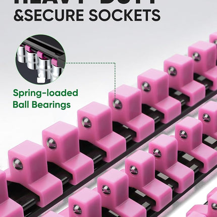 ALOANES 9pc ABS Socket Organizer Set, 1/2, 3/8 & 1/4 inch Drive Rail Holders, Heavy Duty Racks with Black Rails & Pink Clips
