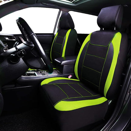 Flying Banner car seat Covers Quality Carbon Fiber Air Mesh Fabric Sport Low High Back Bucket Back Pocket Arm Rest (2 Fronts - Low Bucket, Green)