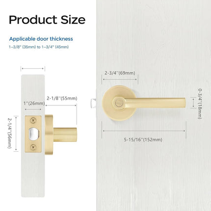 Leydebong 3 Pack Round Door Lever Privacy Door Lock Handle Keyless Lockset Door Knobs Bedroom Bathroom No Key in Gold