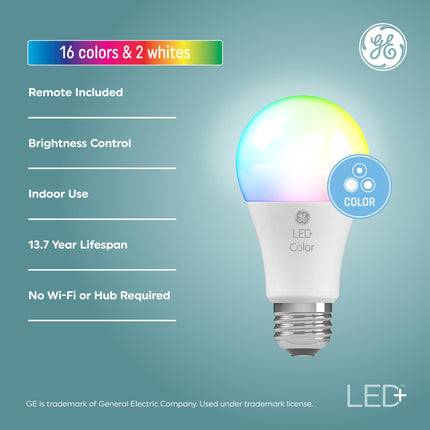 GE LED+ Color Changing LED Light Bulbs with Remote, 9.5W, No App or Wi-Fi Required, A19 (1 Pack)