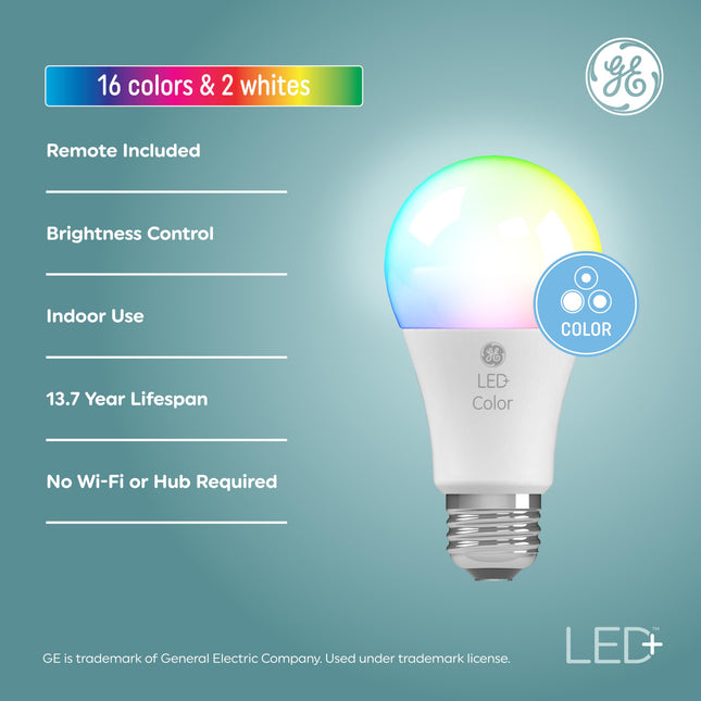 GE LED+ Color Changing LED Light Bulbs with Remote, 9.5W, No App or Wi-Fi Required, A19 (1 Pack)