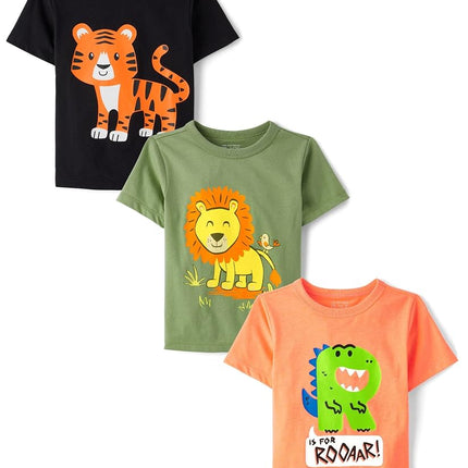 The Children's Place T-shirts graphiques à manches courtes avec motifs d'animaux pour bébés et tout-petits garçons, paquet multiple, rugissement/tigre/lion, 12-18 mois