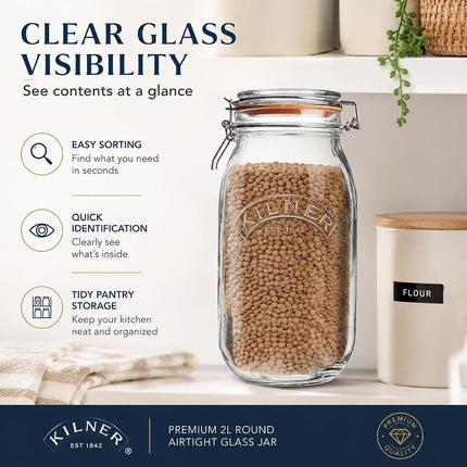 Kilner Clip-Top Storage Jar, 2 Litre, Airtight, Glass, for Fruit, Vegetables, Coffee, Tea, Flour