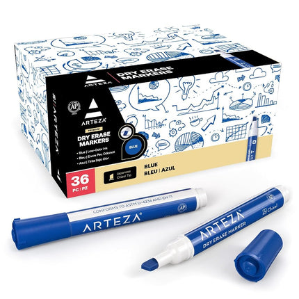 Rotuladores de borrado en seco ARTEZA – Paquete a granel de 36 rotuladores azules de pizarra con punta biselada y tinta de bajo olor, de secado rápido para uso en la oficina, la escuela y el hogar