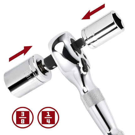 Powerbuilt Stubby Ratchet, Dual Head Ratchet, 1/4 Inch and 3/8 Inch Drive, Reversible Switch, 72 Tooth, Small Tight Space - 640931, Silver