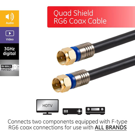 GE RG6 Coaxial Cable, 6 ft. F-Type Connectors, Quad Shielded Coax Cable, 3 GHz Digital, in-Wall Rated, Ideal for TV Antenna, DVR, VCR, Satellite, Cable Box, Home Theater, Black, 33528