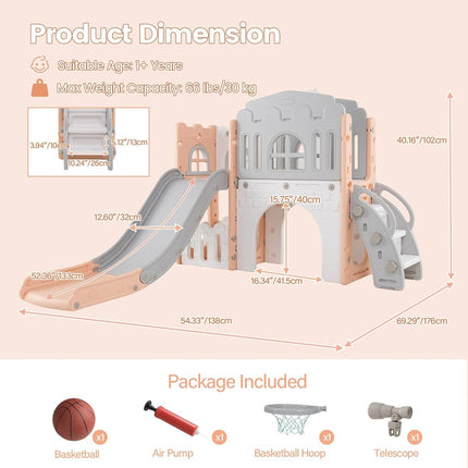 OLAKIDS Toddler Slide, 9 in 1 Kids Indoor Outdoor Playground with Climber Basketball Hoop Telescope Tunnel Corridor Toy Storage Steering Wheel for Boys Girls Aged 1+