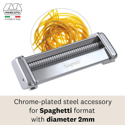Marcato Pasta Machine Attachment, for Spaghetti, 2 mm Circular Cut, Chromed Steel, Made in Italy, Compatible with Atlas 150 and Atlasmotor, Pasta Cutter Kitchen Accessory. Pasta Shape: Spaghetti