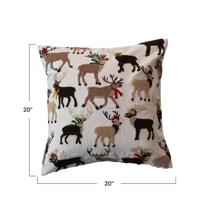 Creative Co-Op, Multicolor Square Cotton Slub Pillow with Tufted and Embroidered Reindeer
