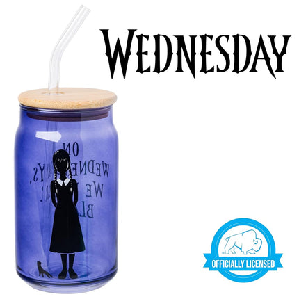 Silver Buffalo Wednesday We Wear Black 16oz Glass Tumbler w Bamboo Lid and Glass Straw