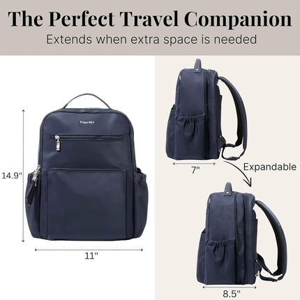 Baggallini Tribeca Expandable Travel Laptop Backpack Water-Resistant Nylon Work Bag w/Organization, Padded Sleeve & RFID Tech, French Navy, One Size