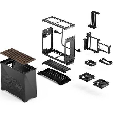 Fractal Design Era 2 ITX PC Case in Charcoal - Sleek Anodized Aluminum, Solid Walnut Top, Supports 3-Slot GPUs, PCIe 4.0 Riser Cable included
