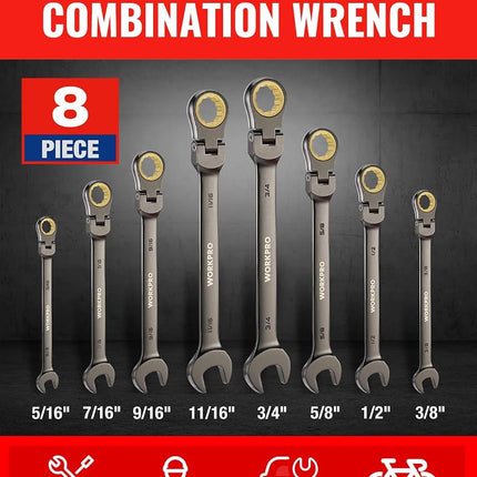 WORKPRO 8-piece Flex-Head Ratcheting Combination Wrench Set Cr-V Nickel Finish with Organizer Bag