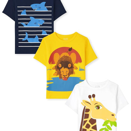 The Children's Place Baby Toddler Boys Short Sleeve Graphic T-Shirt 3-Pack, Animals 2, 3T