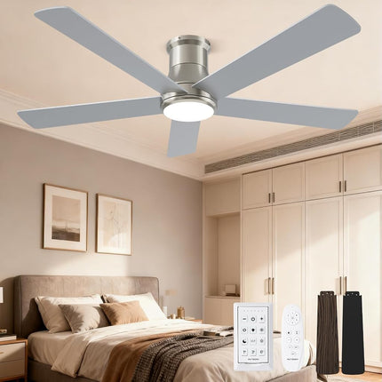 Autoday 52 Inch Ceiling Fans with Lights and Remote - Brushed Nickel Flush Mount Ceiling Fan with Light Low Profile, 6 Speeds, Quiet DC, 3CCT Dimmable, Indoor Outdoor Ceiling Fans for Patios Bedroom