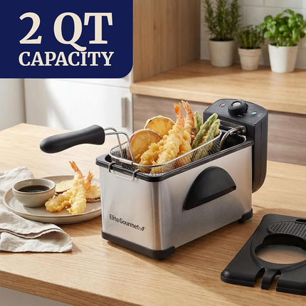 Elite Gourmet EDF2100 Electric Immersion Deep Fryer Removable Basket AdjCatable Temperature, Lid with Viewing Window and Odor Free Filter, 2 Quart / 8.2 cup