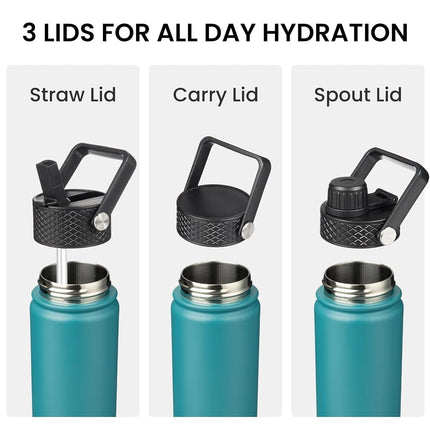 Bouteille d'eau isotherme Konokyo avec paille, 530 ml, 3 couvercles, en acier inoxydable, bleu clair