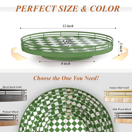 Premium Rubber Wood Lazy Susan Turntable, Green White Checkerboard Decorative Serving Tray, Hand-Welded Metal Railing, Stable Rotating Organizer for Dining Table, Kitchen Counter, Coffee Table Decor
