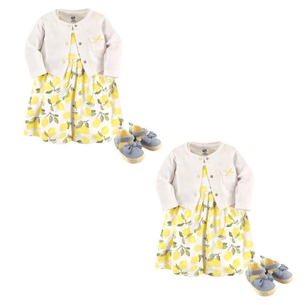 Hudson Baby set de vestido, cárdigan y zapatos de algodón para bebé niña, limón de 6 piezas, 0-3 meses