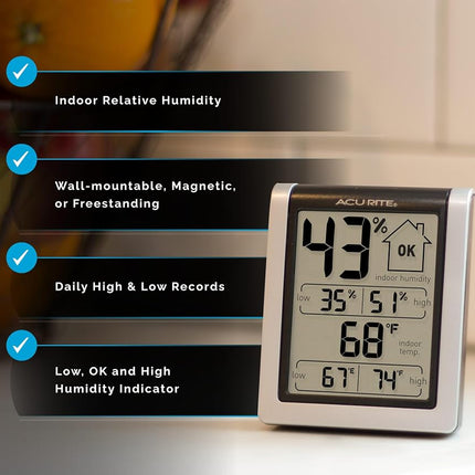 ACURITE 00613 Digital Hygrometer & Indoor Thermometer Pre-Calibrated Humidity Gauge, Black, 3" H x 2.5" W x 1.3" D