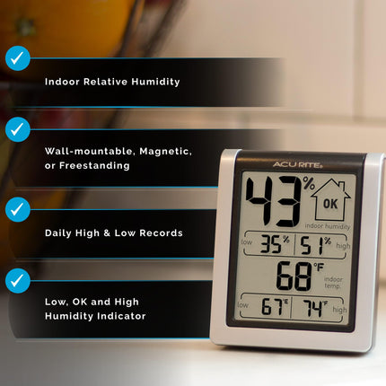 ACURITE 00613 Higrómetro digital y termómetro para interiores, medidor de humedad precalibrado, negro, 7.6 cm de alto x 6.3 cm de ancho x 3.3 cm de profundidad