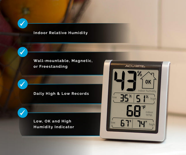 ACURITE 00613 Higrómetro digital y termómetro para interiores, medidor de humedad precalibrado, negro, 7.6 cm de alto x 6.3 cm de ancho x 3.3 cm de profundidad