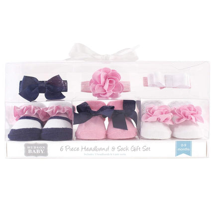 Hudson Baby Girl's Headband and Socks Giftset, Navy White 6-pack, One Size