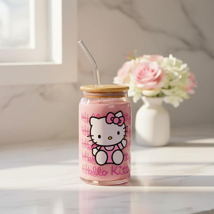 Silver Buffalo Hello Kitty Glass Jar Tumbler with Bamboo Lid, 16oz