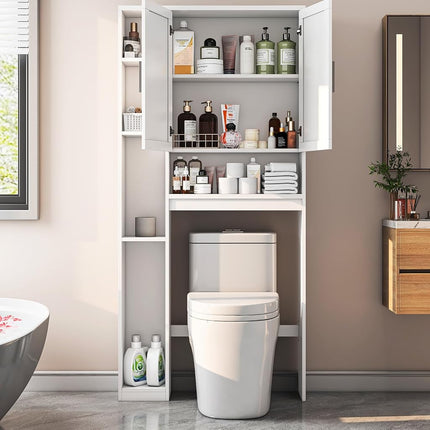 Armario de almacenamiento para encima del inodoro con 7 estantes de almacenamiento, organizador de baño para encima del inodoro con soporte para papel higiénico, armario detrás del inodoro, ahorro de espacio para el baño, la lavandería, blanco