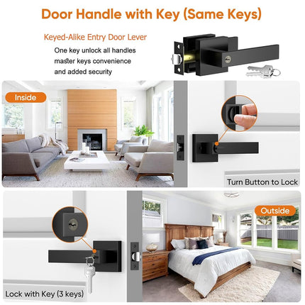 YYTDZSW Door Handles Interior, Keyed Entry Door Knobs, Black Door Handle with Reversible Lever, 6 Pack Heavy Duty Door Lock Sets (Keyed Alike), Door Levers for Bedroom & Bathroom, Matte Black