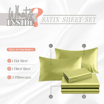 Elegant Comfort Luxurious 4-Piece Silky Satin Sheet Set, Skin and Hair Friendly, Wrinkle, Fade, Stain Resistant with Deep Pockets Fitted Sheet, Cooling Soft Satin Sheets, Queen, Pistachio Green