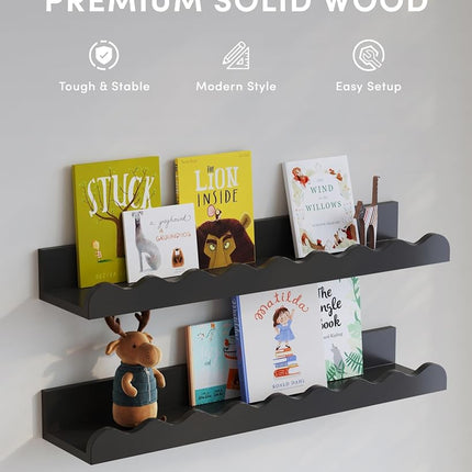 Seocry Kids' Bookshelf Set of 4 - Black Floating Nursery Book Shelves, Picture Ledge Shelf for Wall Decor and Storage - Perfect for Books, Toys, Photo Frames, and Nursery Décor