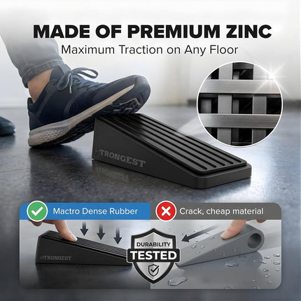 Strongest Door Stopper, Heavy Duty Door Stop Wedge Made of Premium Quality Zinc and Rubber Suits Any Door,Any Floor. Set of 2 Plus Bonus Self Adhesive Wall Protectors (Black, 2 Pack)