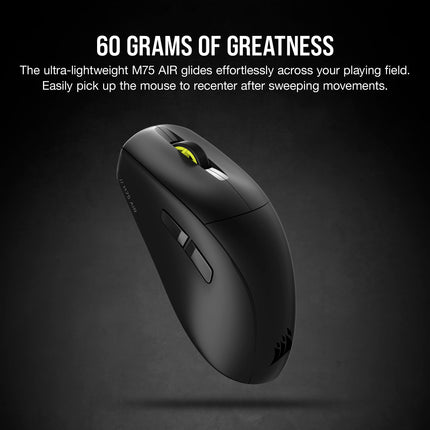 Ratón inalámbrico ultraligero para juegos Corsair M75 AIR – 2,4 GHz y Bluetooth – 26 000 PPP – Hasta 100 horas de batería – Compatible con iCUE – Negro