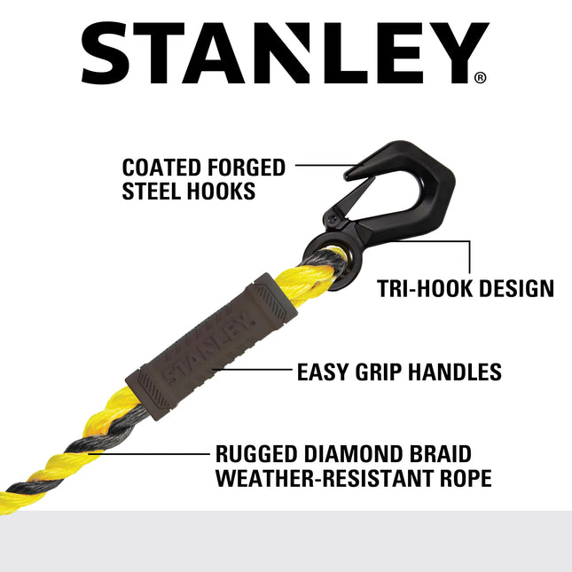 Cuerda de remolque trenzada de polimezcla Stanley S1052 negra/amarilla de 5/8" x 15' con gancho triple resistente (7200 lb de resistencia a la rotura)