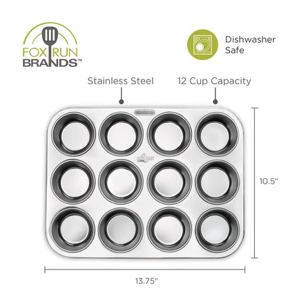 Fox Run 4868 Muffin Pan, 12 Cup, Stainless Steel