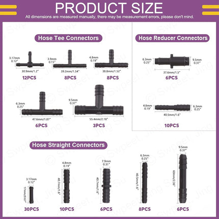 Swpeet 113Pcs Barbed Vacuum Connector Kit, Including Tee, Reducer, and Straight Connectors for Replacing Vacuum Hoses