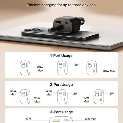 Belkin USB C Car Charger 75W w/ 30in Retractable USB C Cable - iPhone Charger, Compatible with iPhone 16 & 15 Series, Galaxy S25 Series, AirPods, Tablet, MacBook, Chromebook, etc. - Travel Essentials