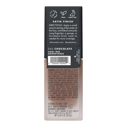 Base de maquillaje Flawless Finish de e.l.f., ligera y de cobertura media, acabado semimate, tono Chocolate, 20 ml (0.68 fl oz)