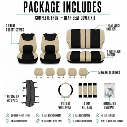FH Group FB030BEIGEBLACK115-COMBO Seat Cover Combo Set with Steering Wheel Cover and Seat Belt Pad (Airbag Compatible and Split Bench Beige/Black)