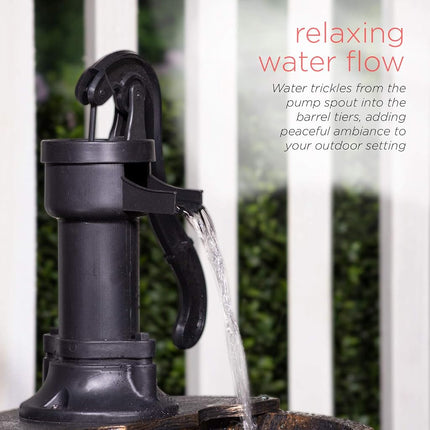 Alpine Corporation 27" Tall Outdoor Rustic 2-Tier Barrel and Pump Water Fountain with LED Lights – Garden, Patio, or Yard Decor, Bronze