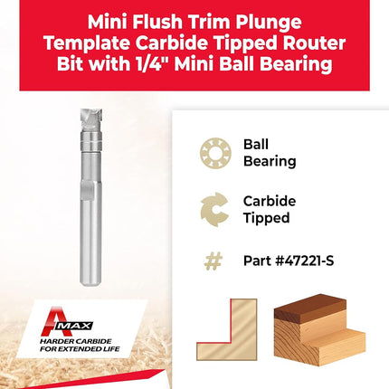 Amana Tool 47221-SFlush Trim Plunge Template1/4 D x 1/8 CH x 1/4 Inch SHKCarbide Tipped Router Bit with Mini 1/4 D Upper BB