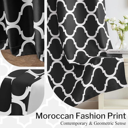 Melodieux Moroccan Fashion Thermal Insulated Room Darkening Blackout Grommet Curtains for Living Room, 42 by 96 Inch, Black (2 Panels)