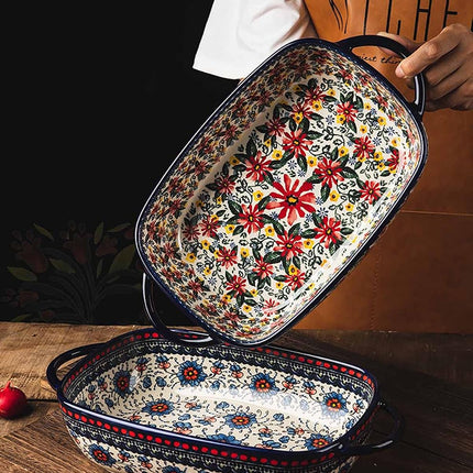 Bicuzat Red Daisy Flower Vintage Style Ceramic Bakeware Casserole Dish Baking Pan Lasagna Pans Baking Dish with Handles for Oven/Cooking/Kitchen-1 PCS, 60 OZ