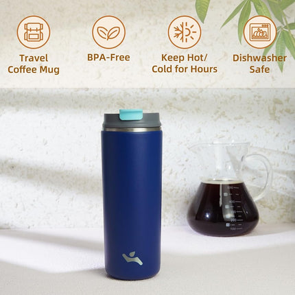 Konokyo Tumbler with Lid, 16 oz Travel Coffee Mug Double Wall Vacuum Stainless Steel Thermal Metal Cup Insulated Water Bottle,Sapphire