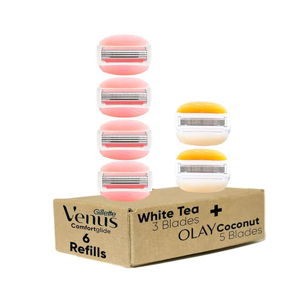 Gillette Venus Womens Razor Blade Refills, Venus ComfortGlide White Tea 4 Count and Venus ComfortGlide plus Olay 2 Count, 6 Total Refills
